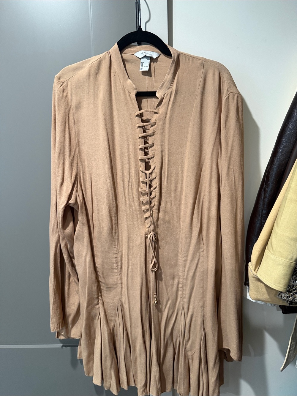 H&M Beige Lace-Up Long Sleeve Dress